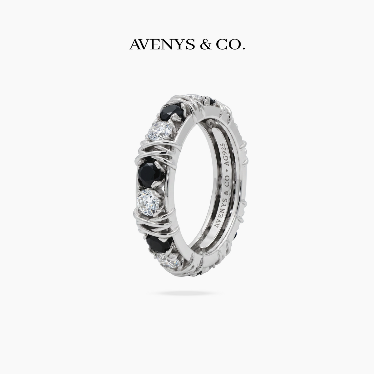 AV Signature Ring Mens with Black Round Stone – on White Gold