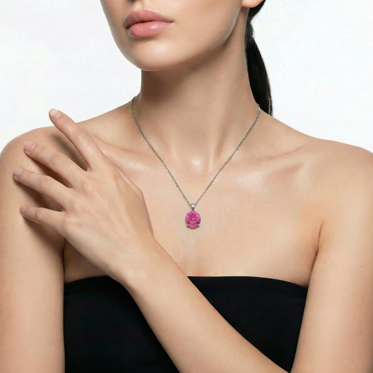 Hot Pendant Necklace with Pink Oval Stone – on White Gold