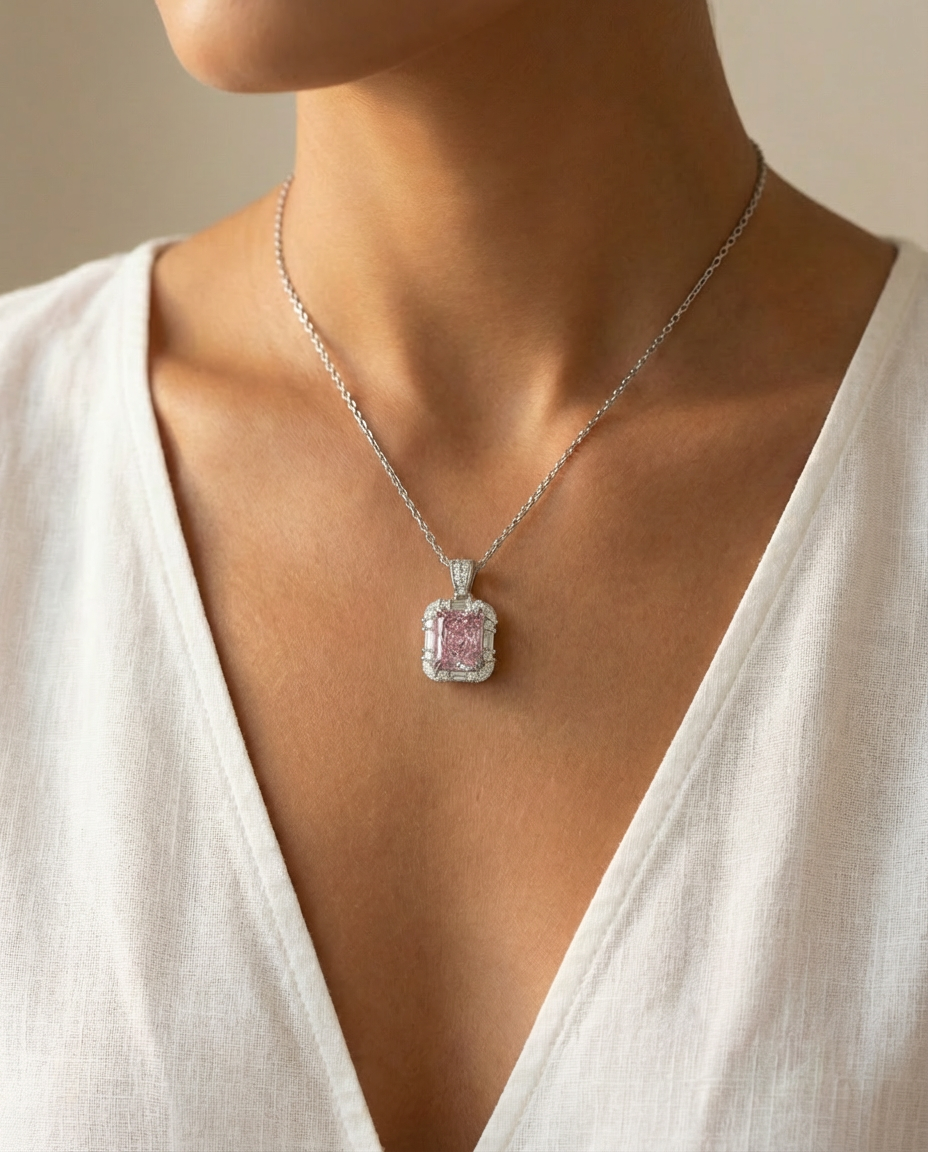 Eden Frame Necklace with Purple Radiant Stone – on White Gold