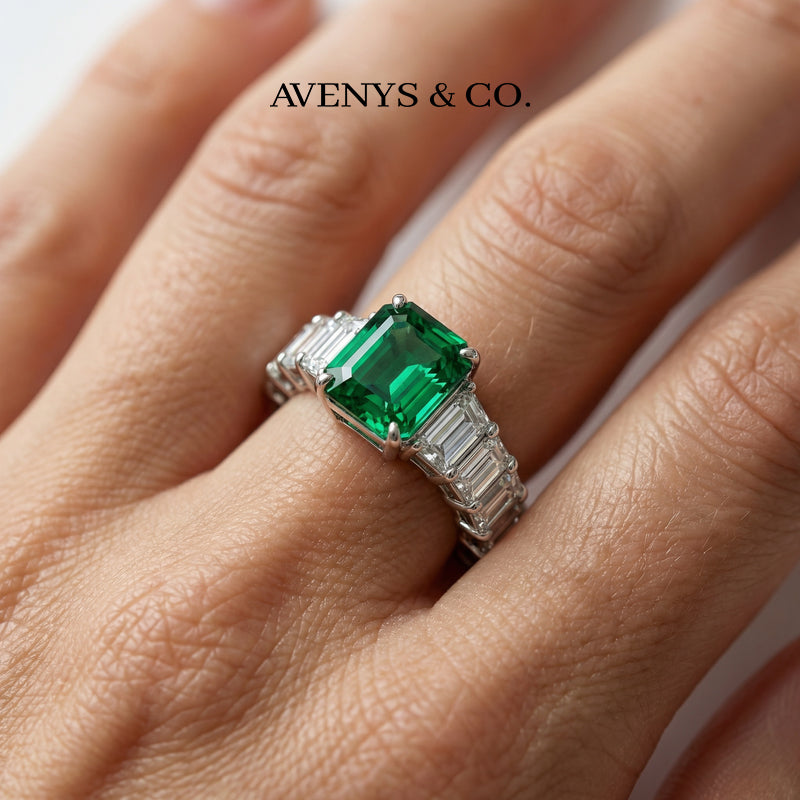 Princess Eternity Ring with Green Radiant Stone – on White Gold