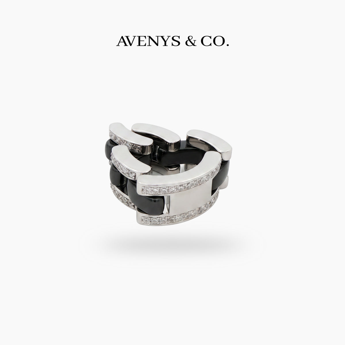 Connected Ring with Black Round Stone – on White Gold
