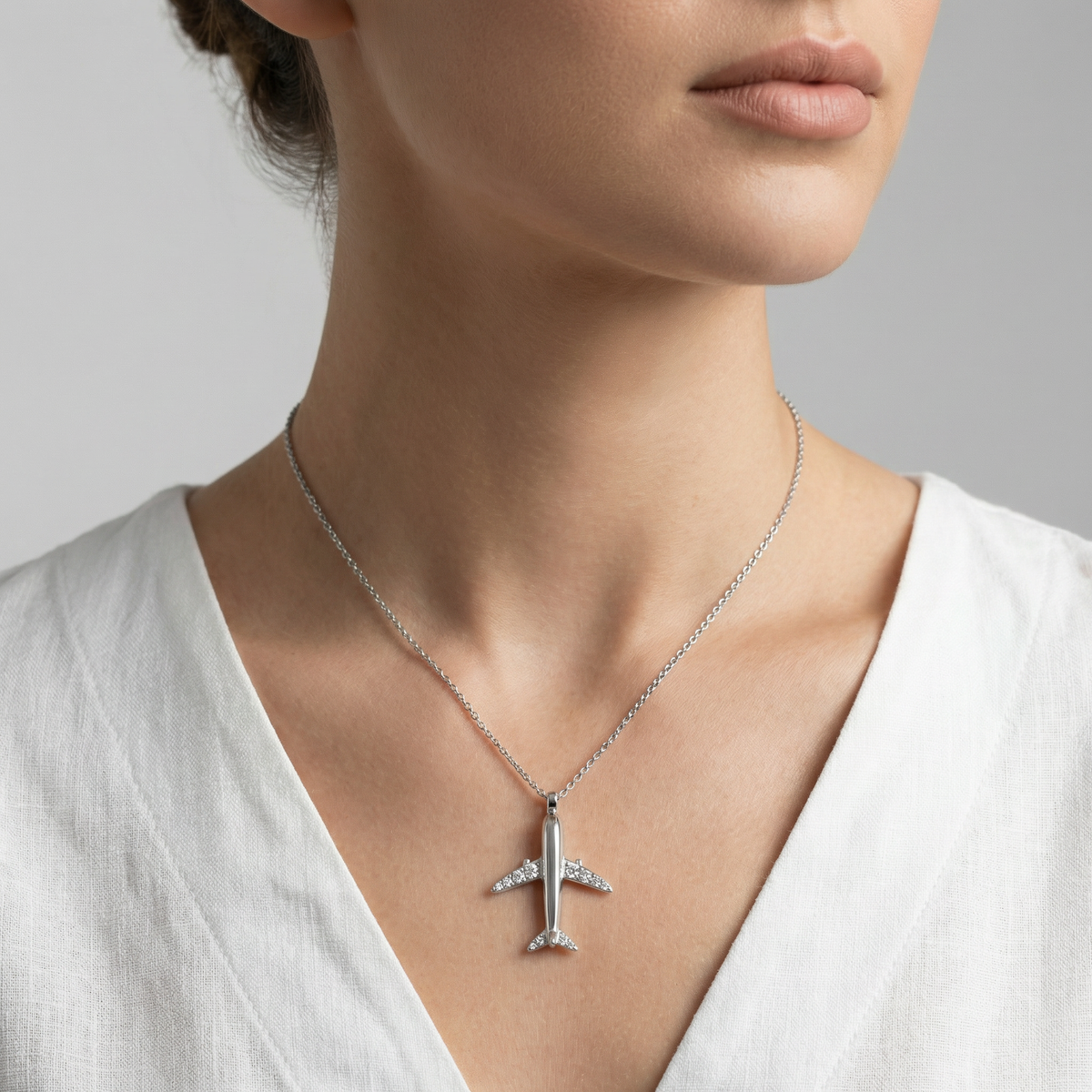 Airplane Necklace with White Round Stone – on White Gold