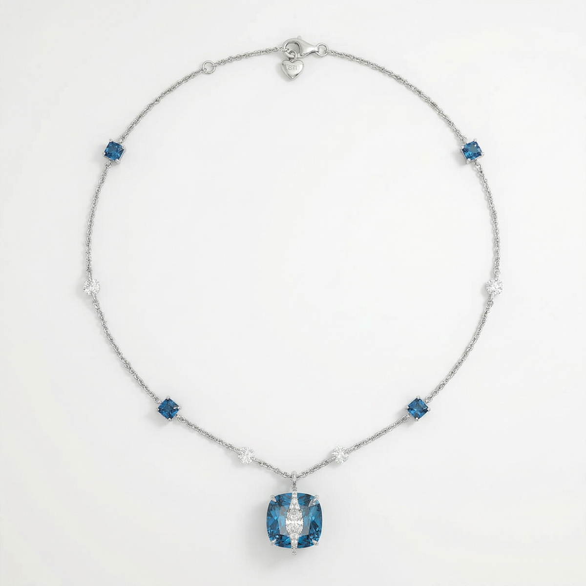 Embrace Pave Necklace with Blue Cushion Stone – on White Gold