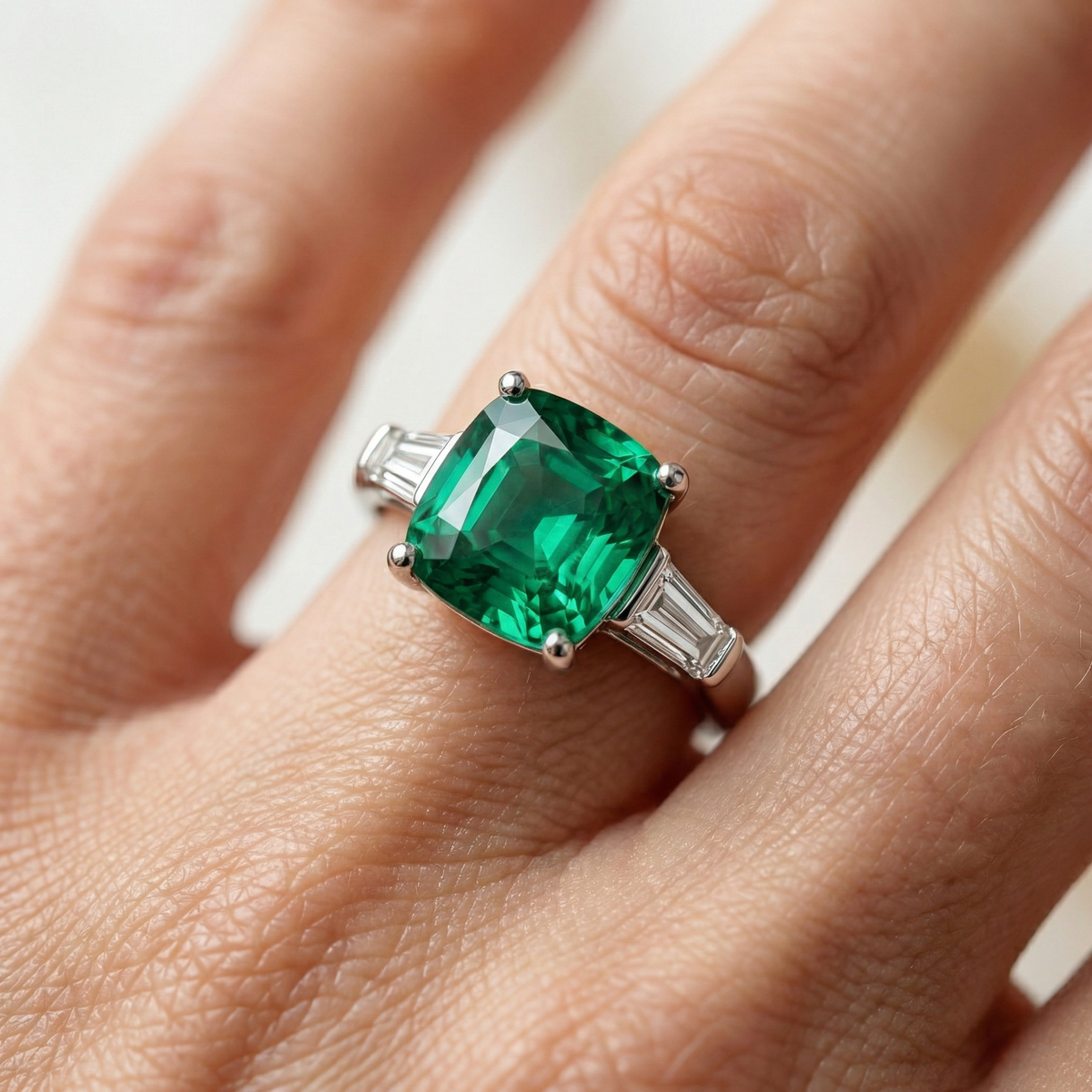 Princess Trilogy Ring with Green Princess Stone – on White Gold
