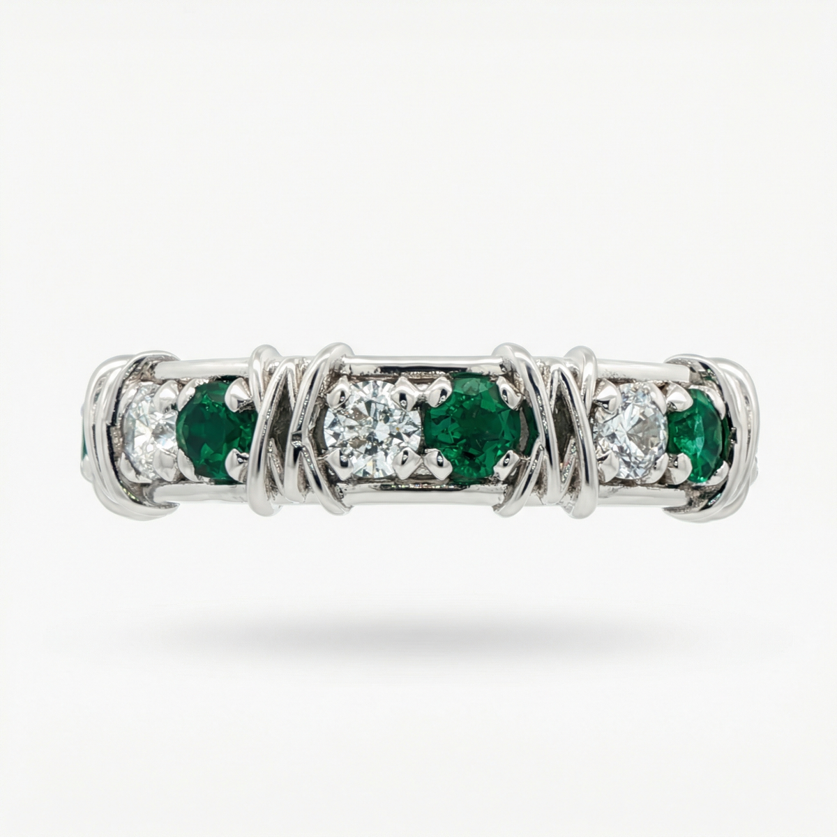 AV Signature Ring Mens with Green Round Stone – on White Gold