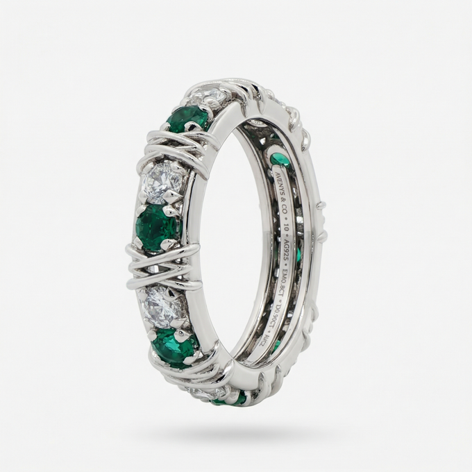 AV Signature Ring Mens with Green Round Stone – on White Gold