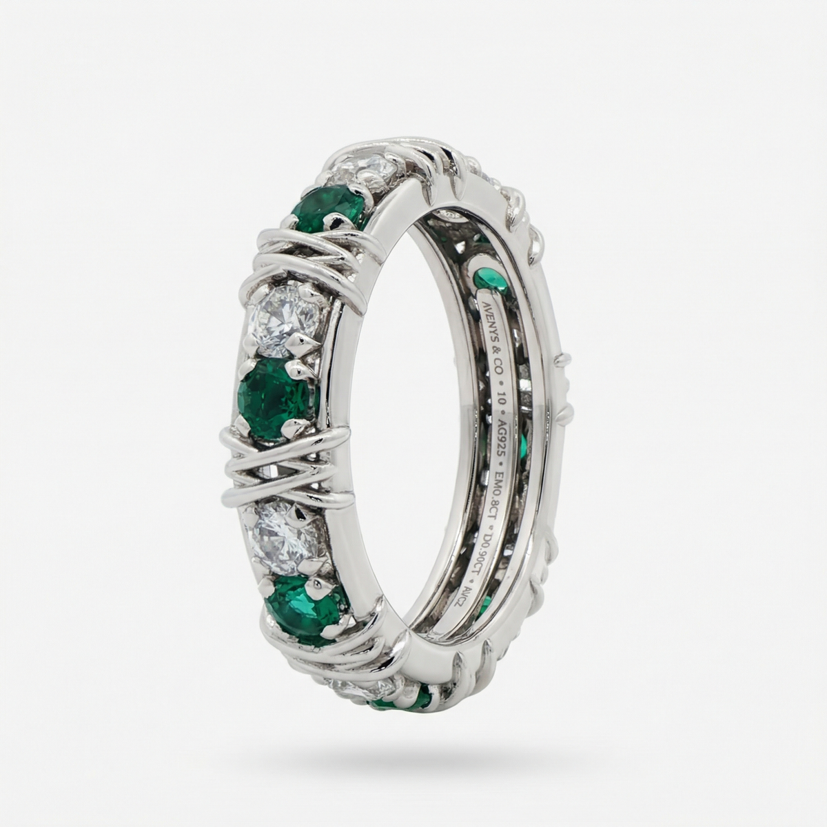 AV Signature Ring Mens with Green Round Stone – on White Gold