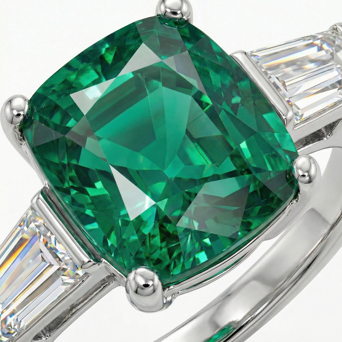 Princess Trilogy Ring with Green Princess Stone – on White Gold