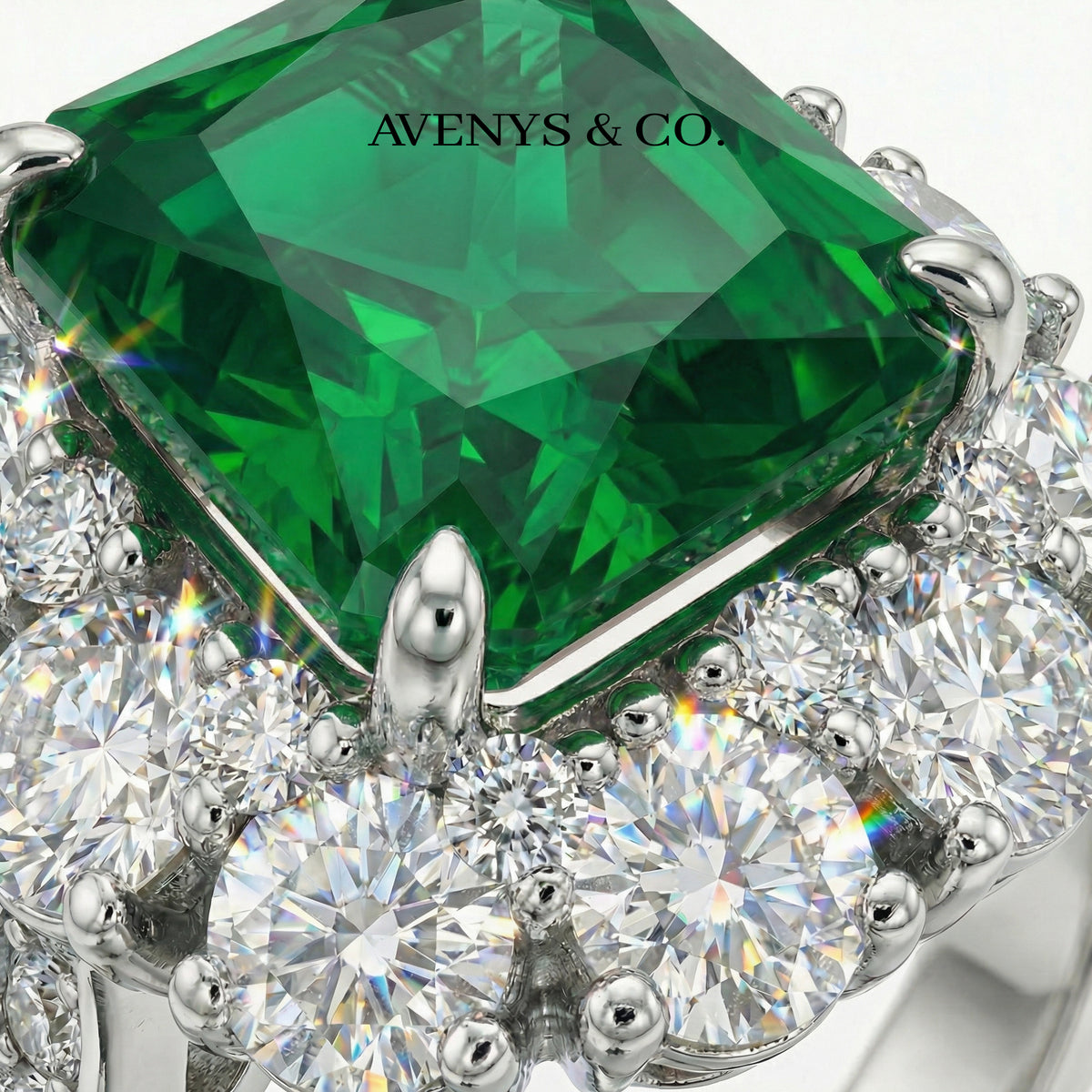 Princess Halo Ring with Green Princess Stone – on White Gold