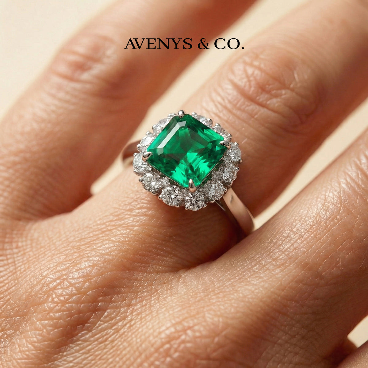 Princess Halo Ring with Green Princess Stone – on White Gold