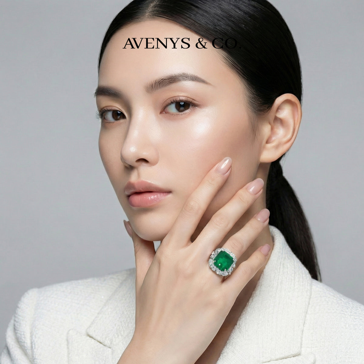 Princess Halo Ring with Green Princess Stone – on White Gold