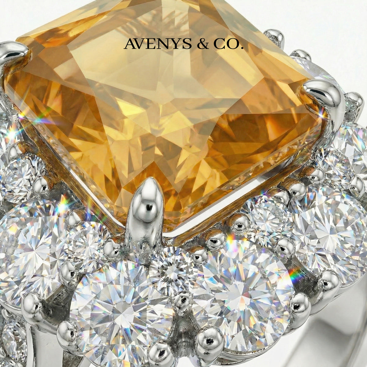 Princess Halo Ring with Yellow Princess Stone – on White Gold