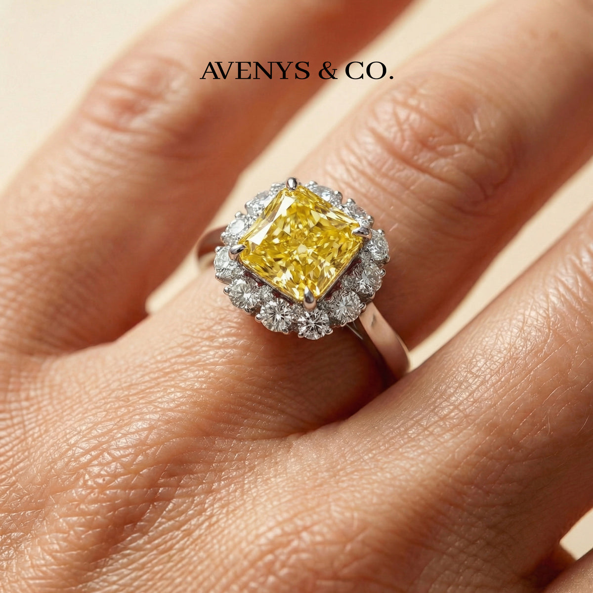 Princess Halo Ring with Yellow Princess Stone – on White Gold
