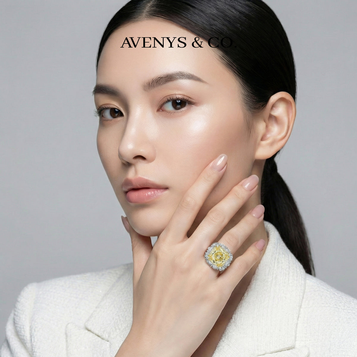 Princess Halo Ring with Yellow Princess Stone – on White Gold