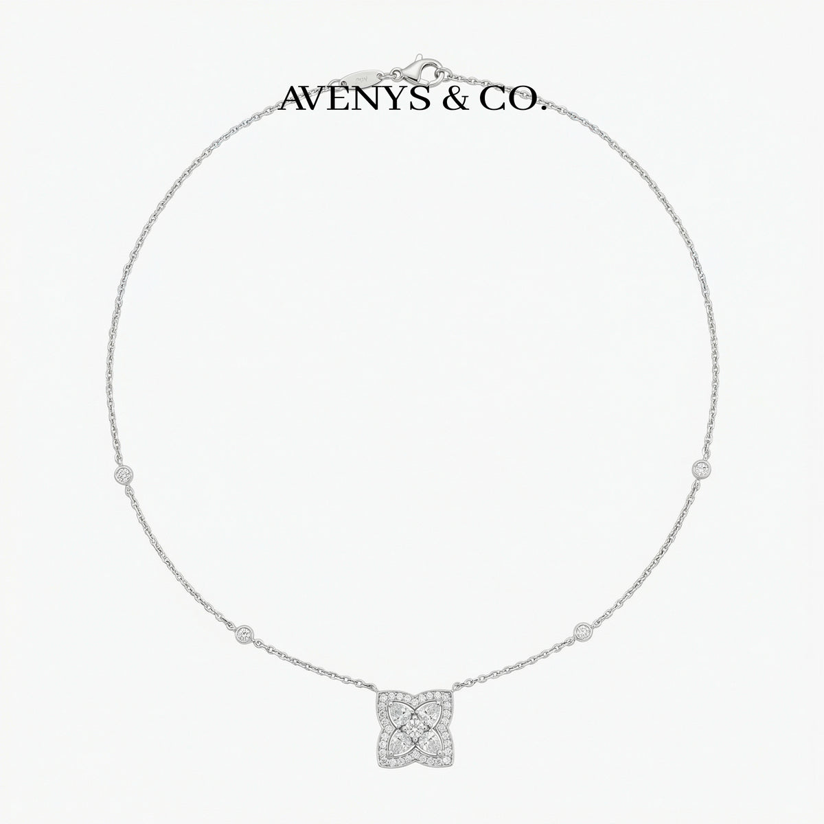 Lotus Small Necklace with White Round Stone – on White Gold