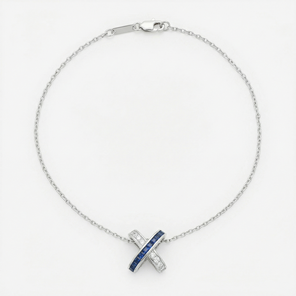 Interlink Necklace with Blue Emerald Stone – on White Gold