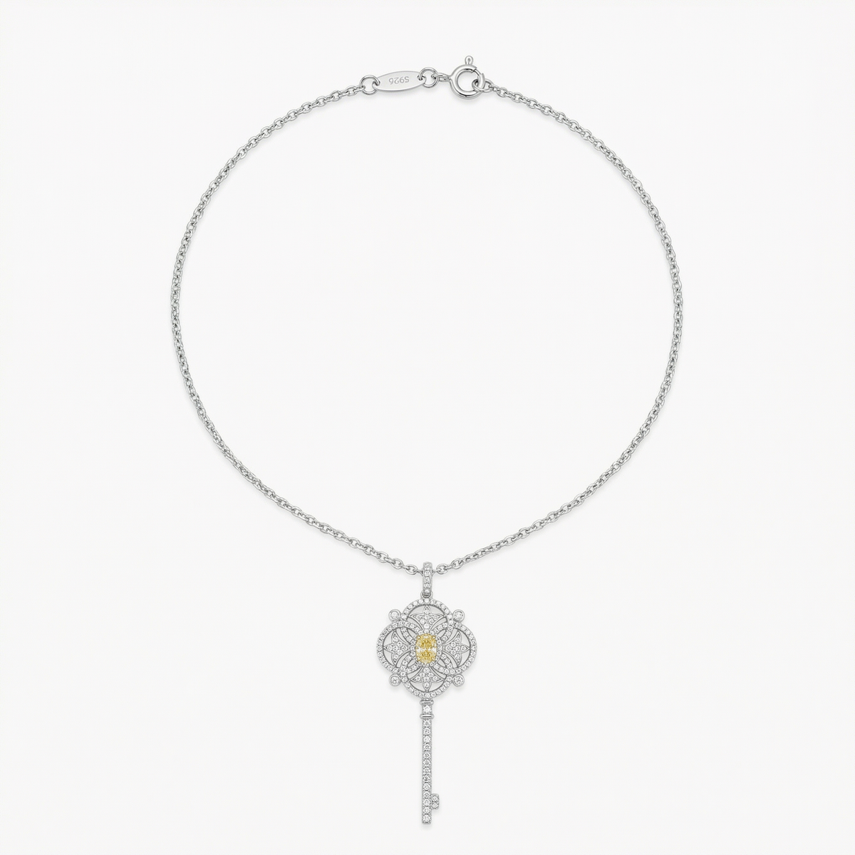Key Necklace with White Round Stone – on White Gold