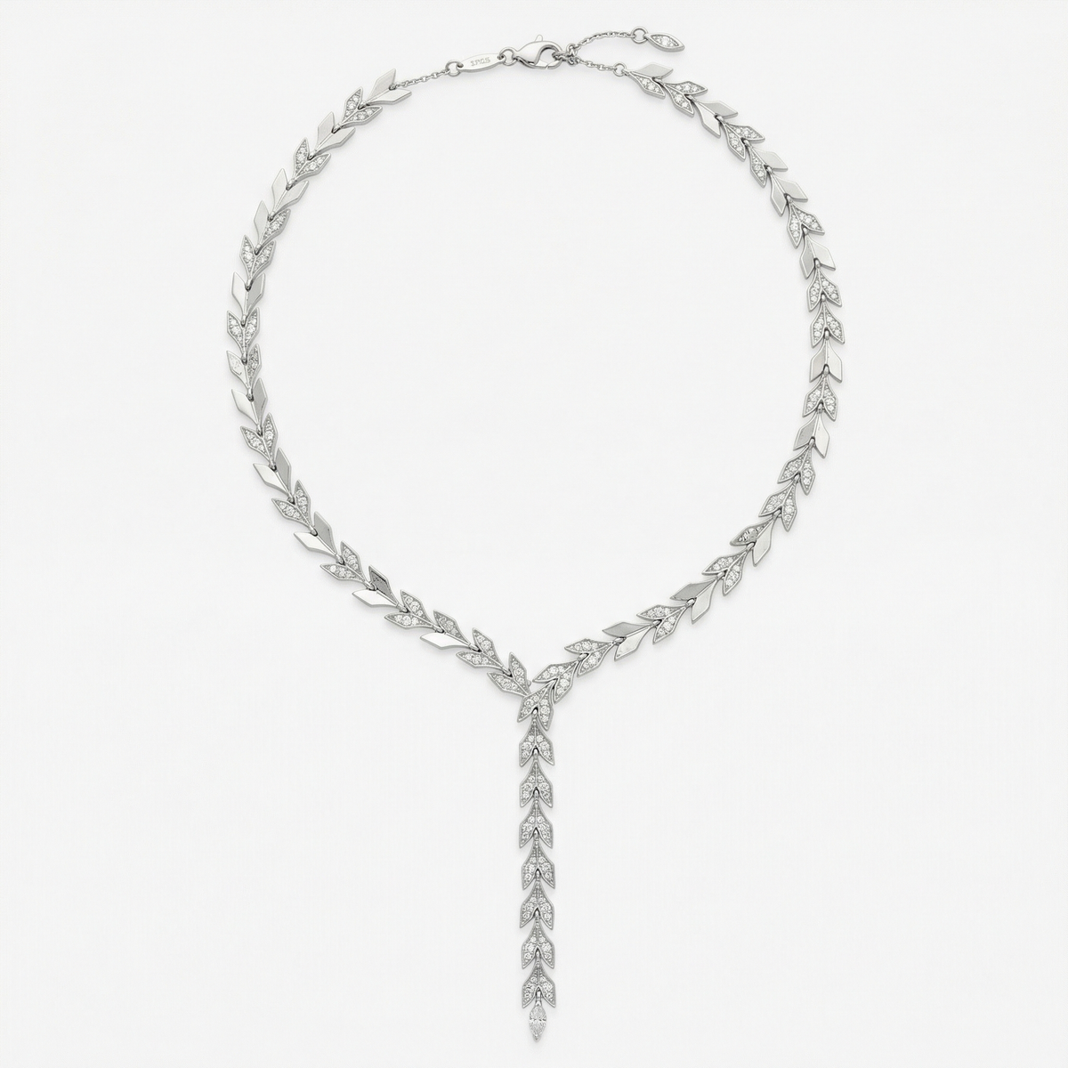 Leaf Necklace with White Round Stone – on White Gold