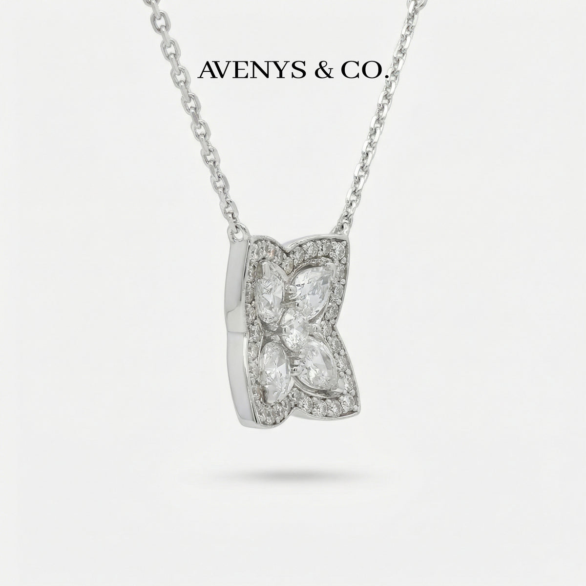 Lotus Small Necklace with White Round Stone – on White Gold