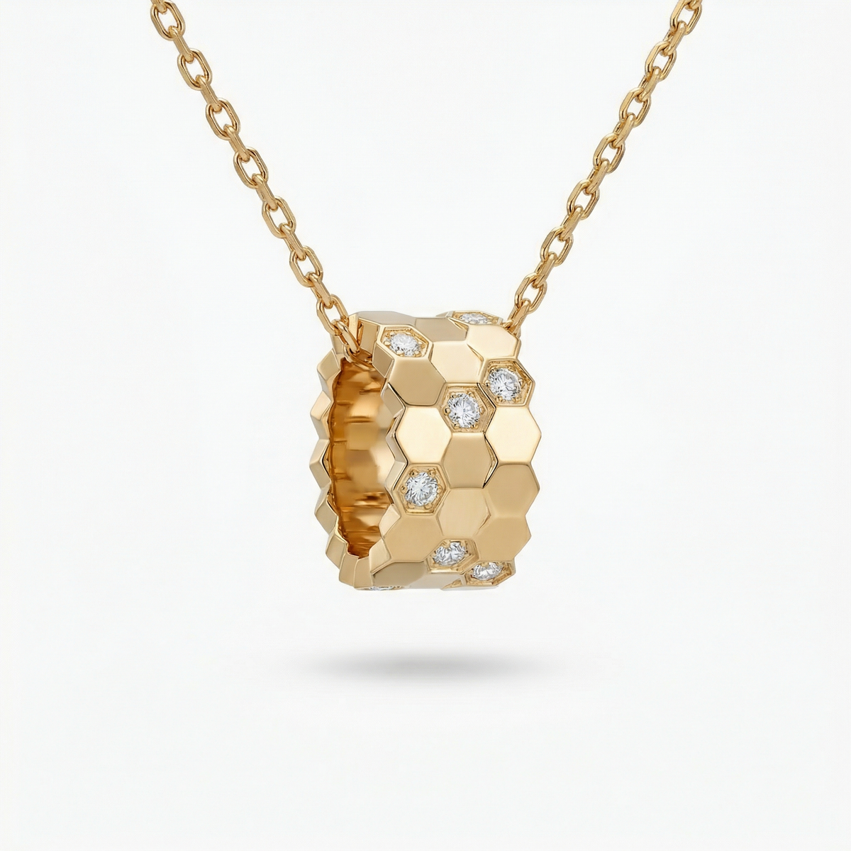 Honeycomb Necklace with White Round Stone – on Yellow Gold