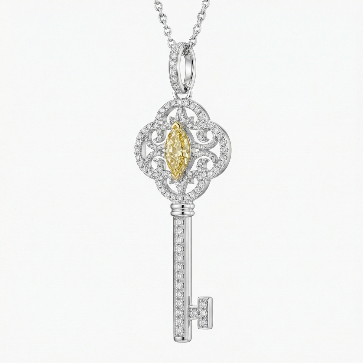 Key Necklace with White Round Stone – on White Gold