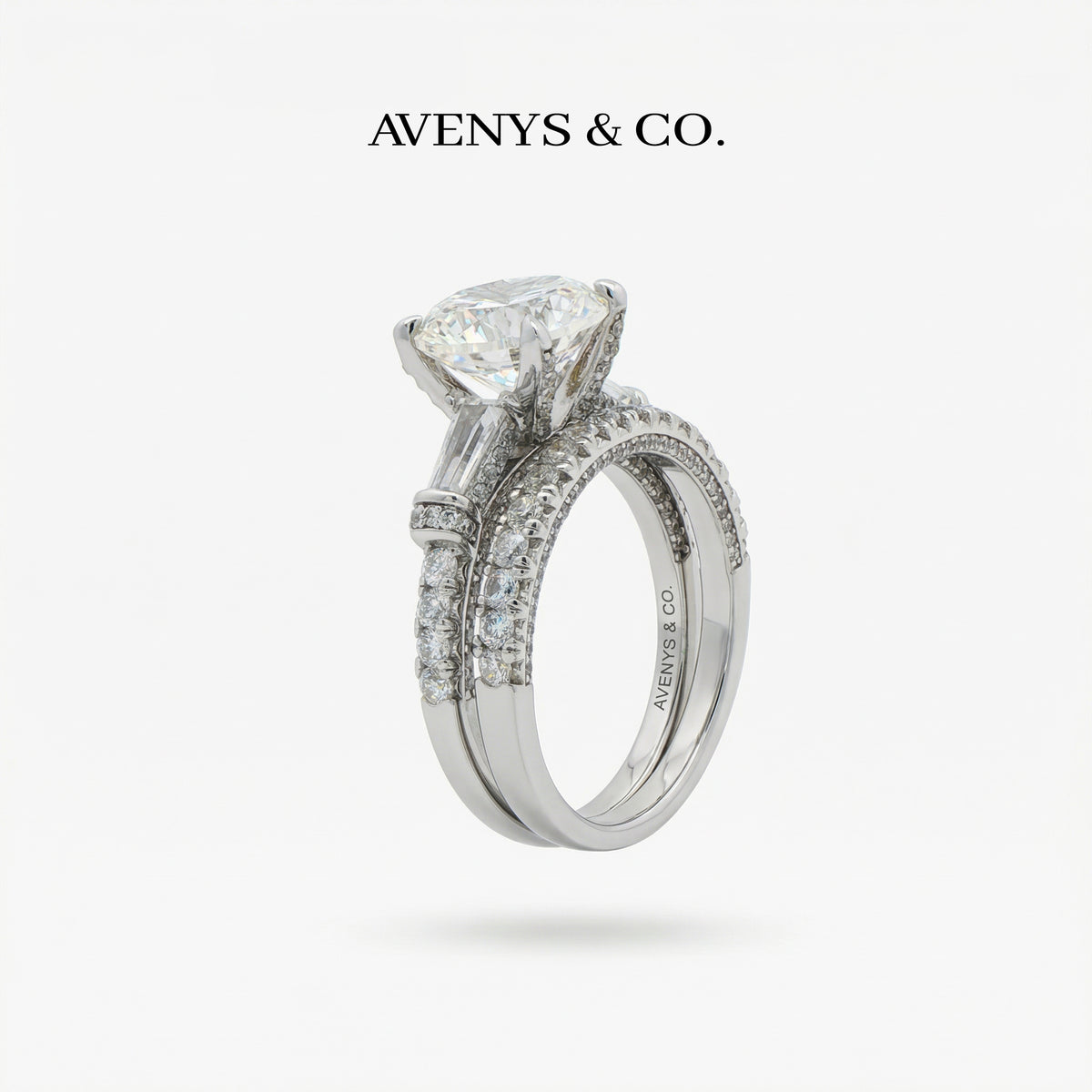Trilogy Pave Solitaire Ring with Stacking Band with White Round Stone – on White Gold