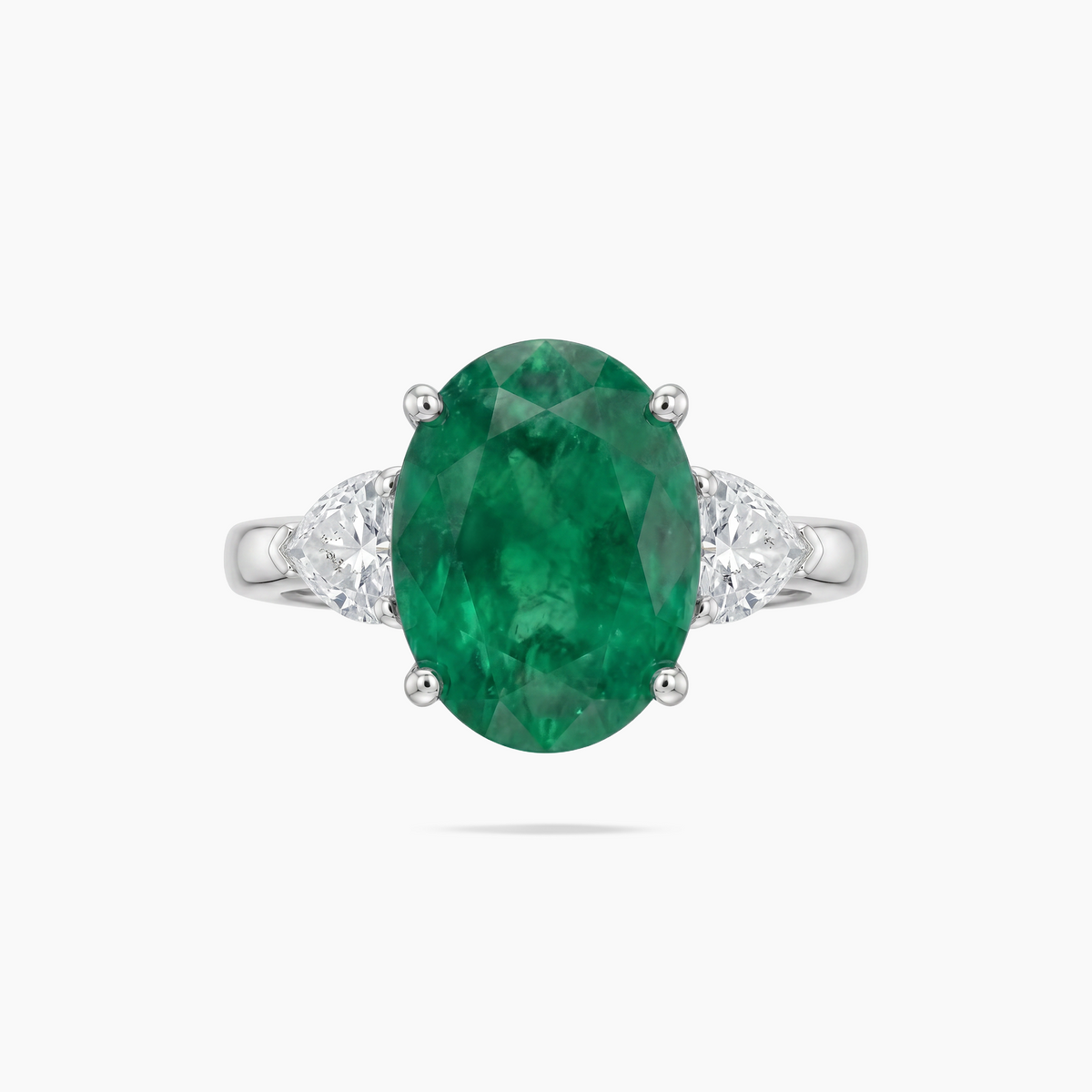 Oval Trilogy Pear Ring with Green Oval Stone – on White Gold