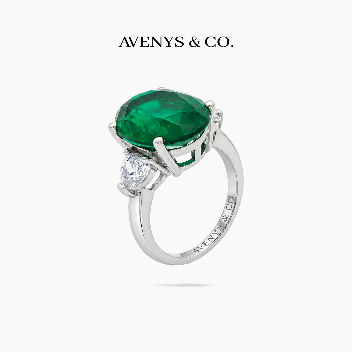 Oval Trilogy Pear Ring with Green Oval Stone – on White Gold