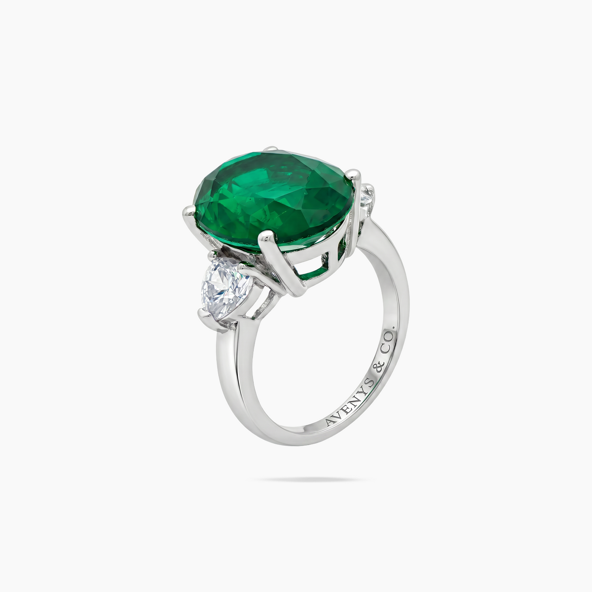 Oval Trilogy Pear Ring with Green Oval Stone – on White Gold