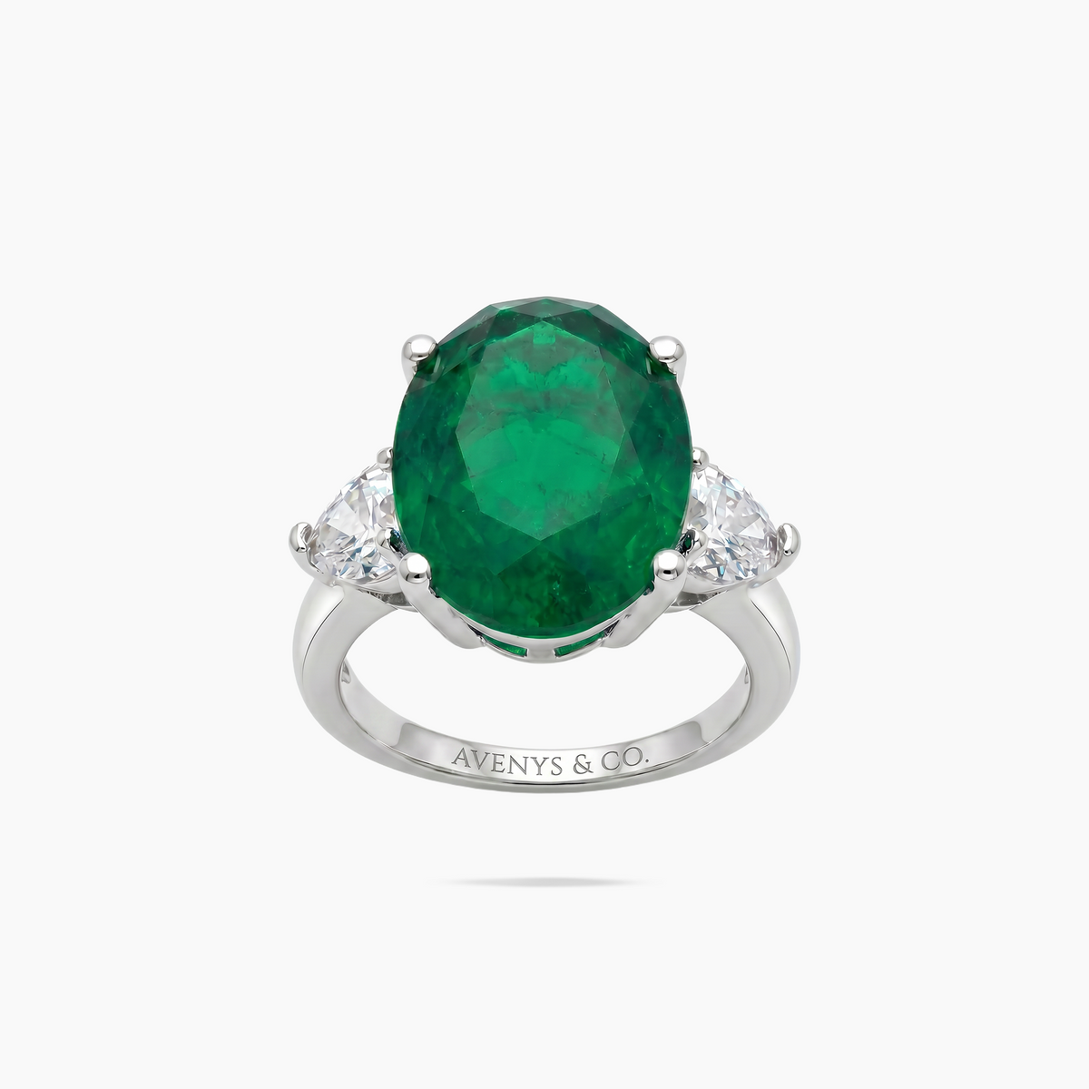 Oval Trilogy Pear Ring with Green Oval Stone – on White Gold