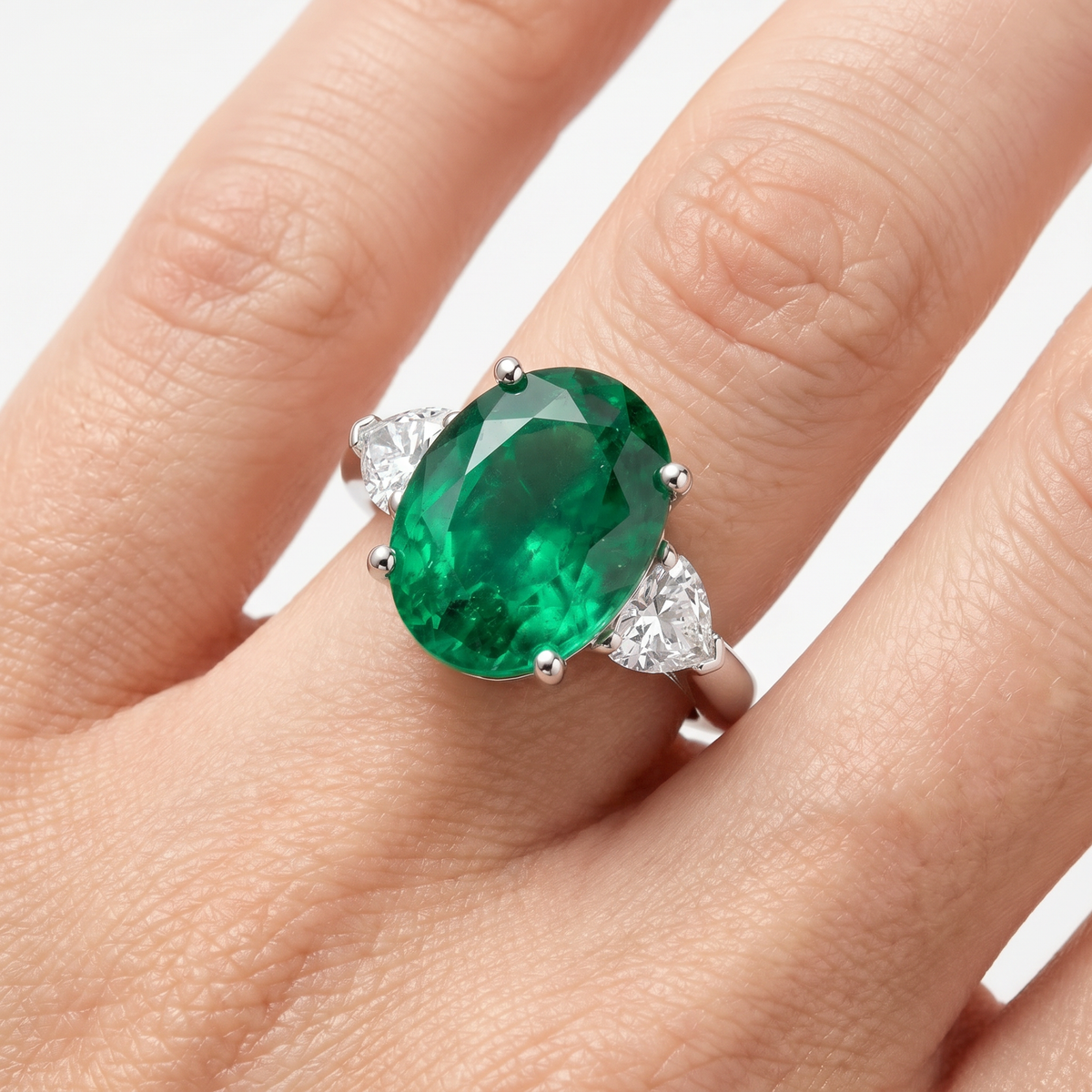 Oval Trilogy Pear Ring with Green Oval Stone – on White Gold