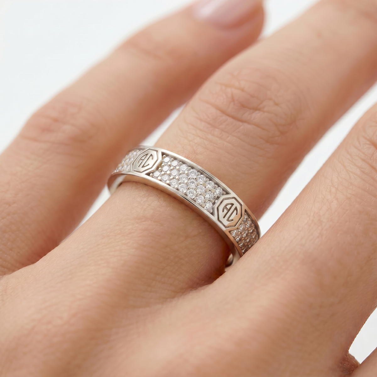 Halo Pave Slim Ring with White Round Stone – on White Gold
