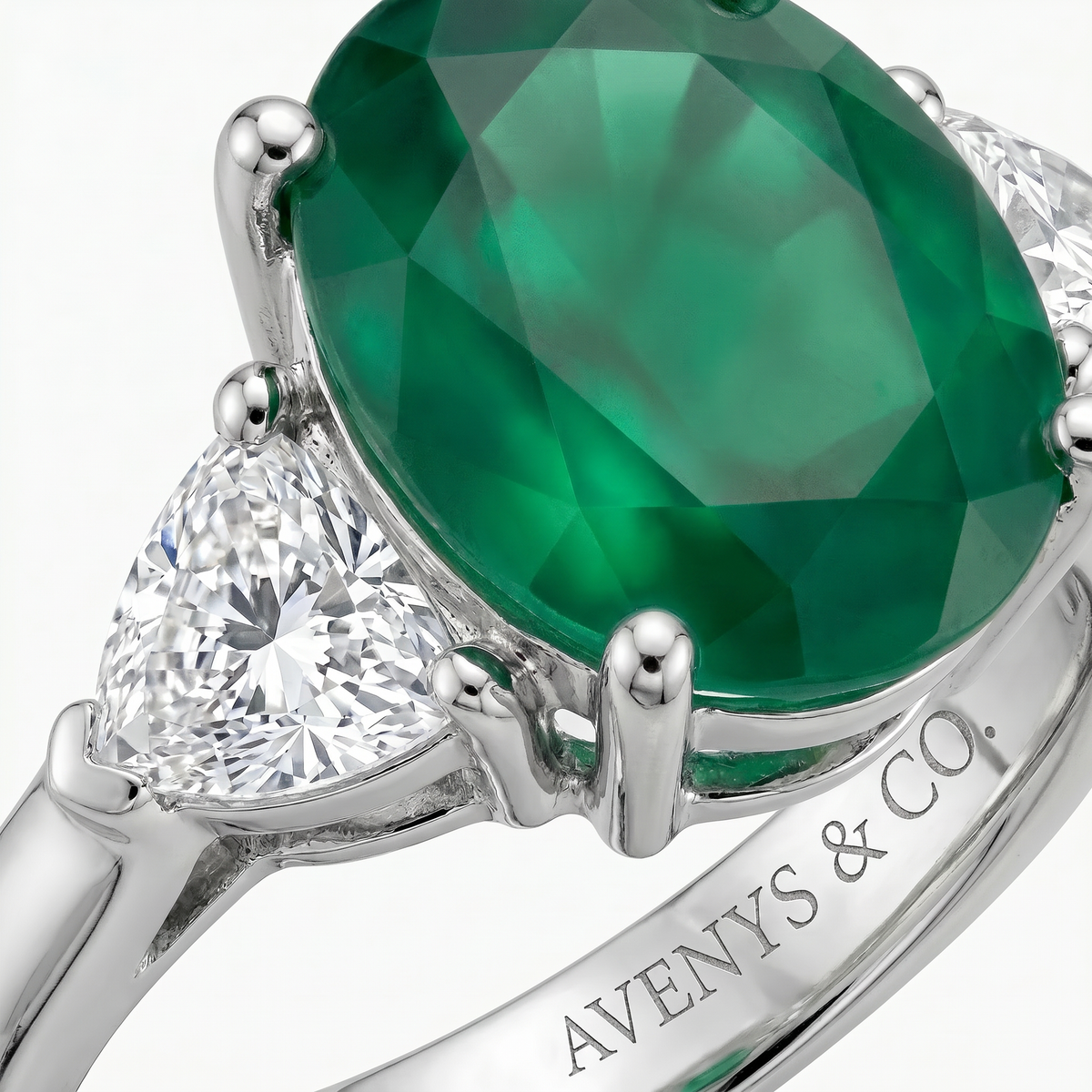 Oval Trilogy Pear Ring with Green Oval Stone – on White Gold