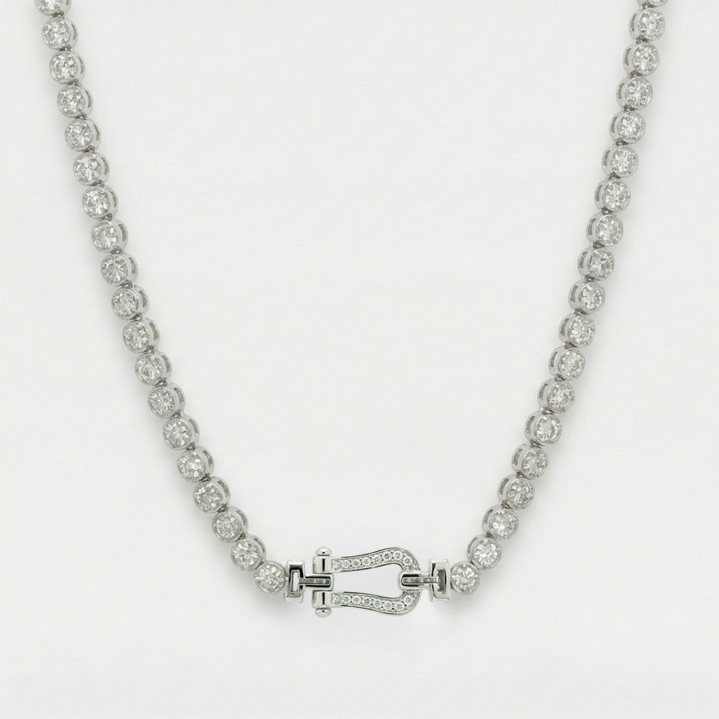Horseshoe Tennis Necklace with White Round Stone – on White Gold