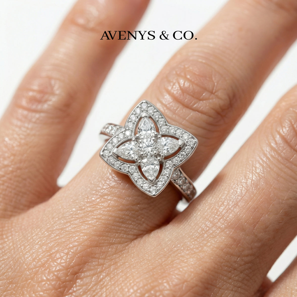 Lotus Classic Ring with White Round Stone – on White Gold