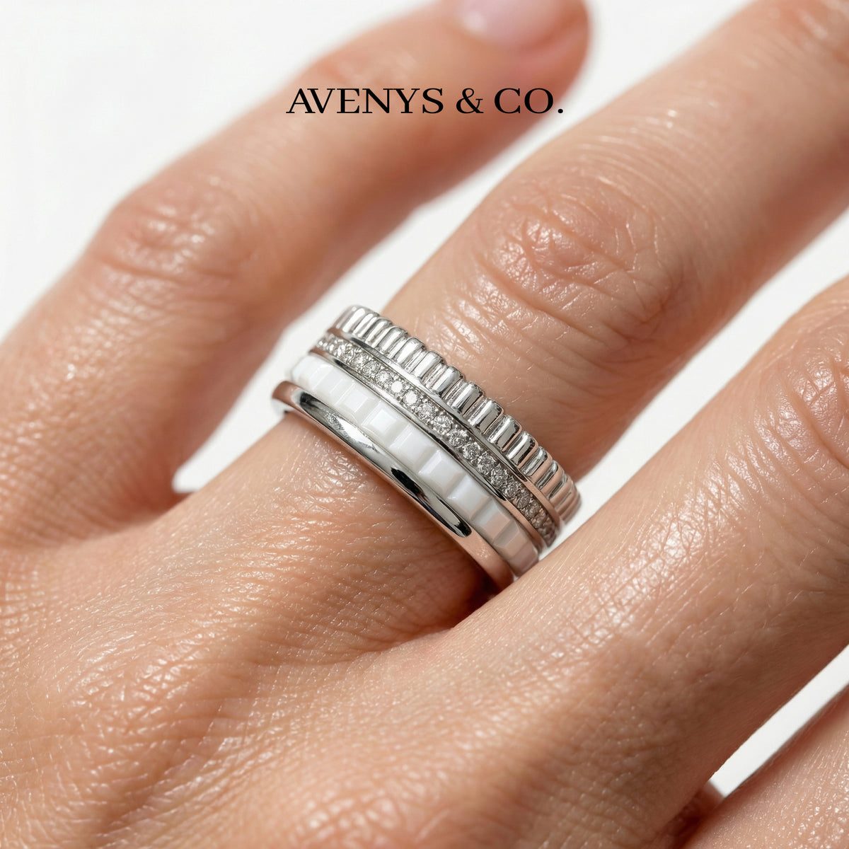 Quatre Ring with White Round Stone – on White Gold