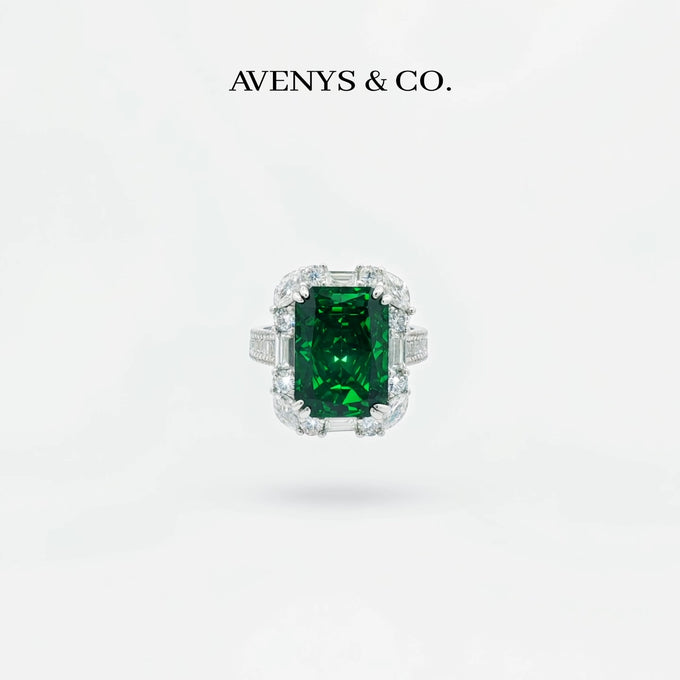 Eden Frame Ring with Green Radiant Stone – on White Gold