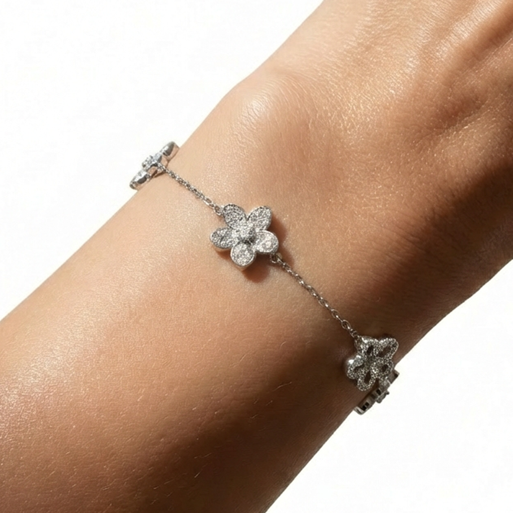 Flower Motif Chain Bracelet with White Round Stone – on White Gold