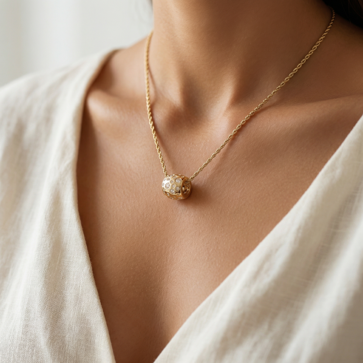 Constellation Pendant Necklace with White Round Stone – on Yellow Gold – worn view