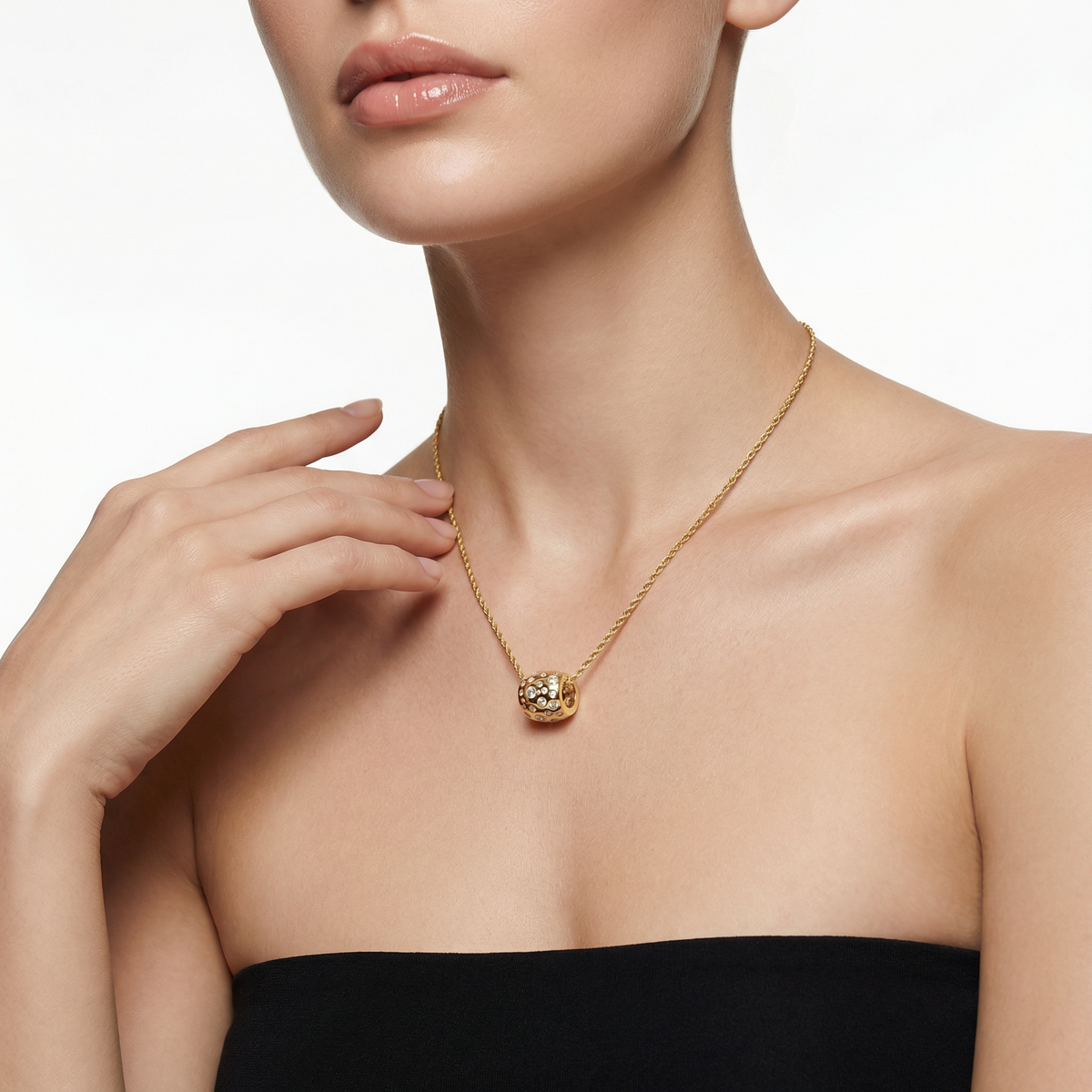 Constellation Pendant Necklace with White Round Stone – on Yellow Gold – worn view