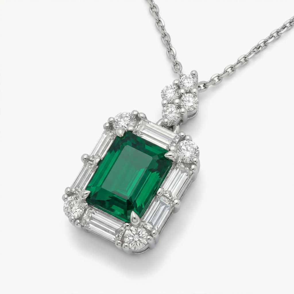 Eden Pendant Necklace with Green Emerald Stone – on White Gold