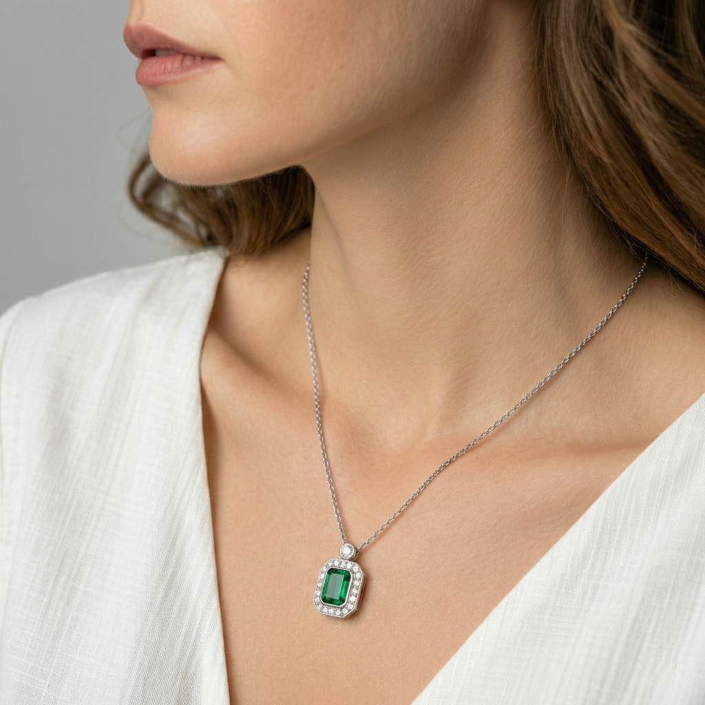 Emerald and Diamond Charm Necklace in White Gold Plated Silver