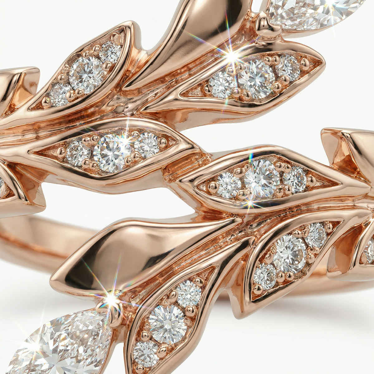 Leaf Ring with White Round Stone – on Yellow Gold