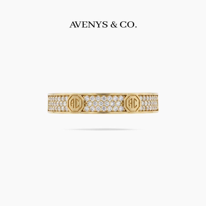Halo Pave Slim Ring with White Round Stone – on Yellow Gold