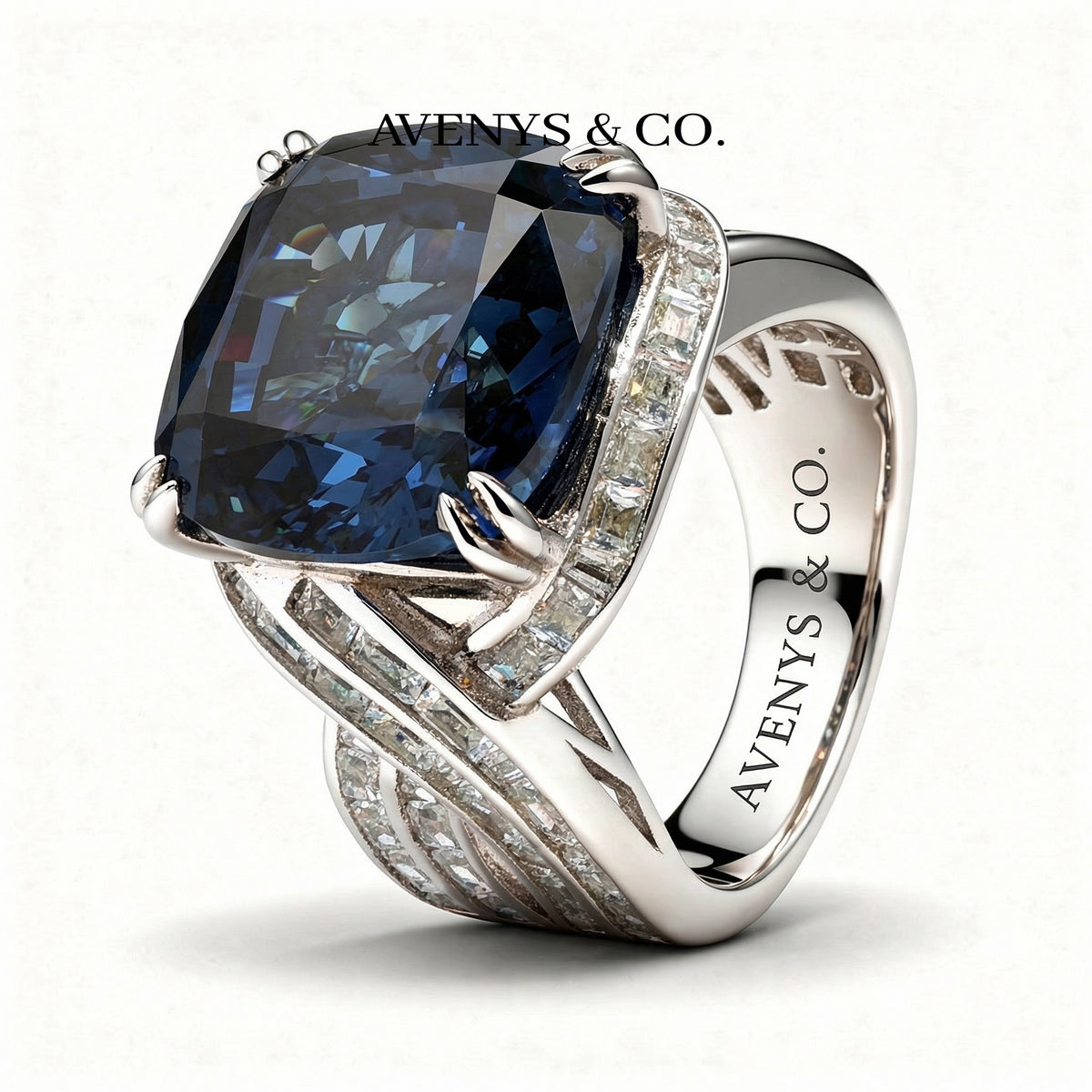 Citadel Pave Ring with Blue Cushion Stone – on White Gold