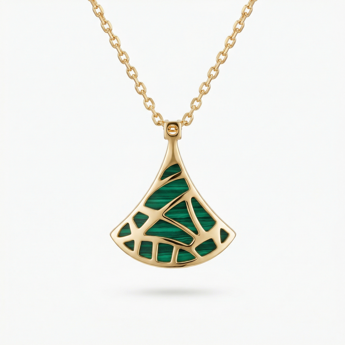 Yellow Gold Charm Necklace with Cabochon Cut Malachite Pendant