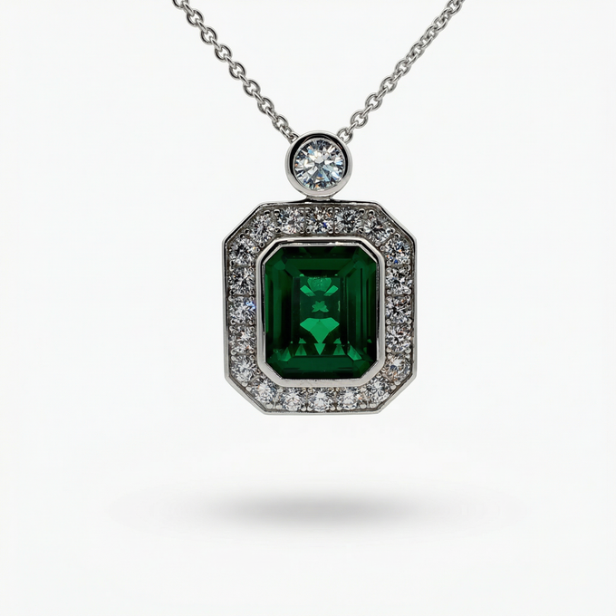 Emerald and Diamond Charm Necklace in White Gold Plated Silver