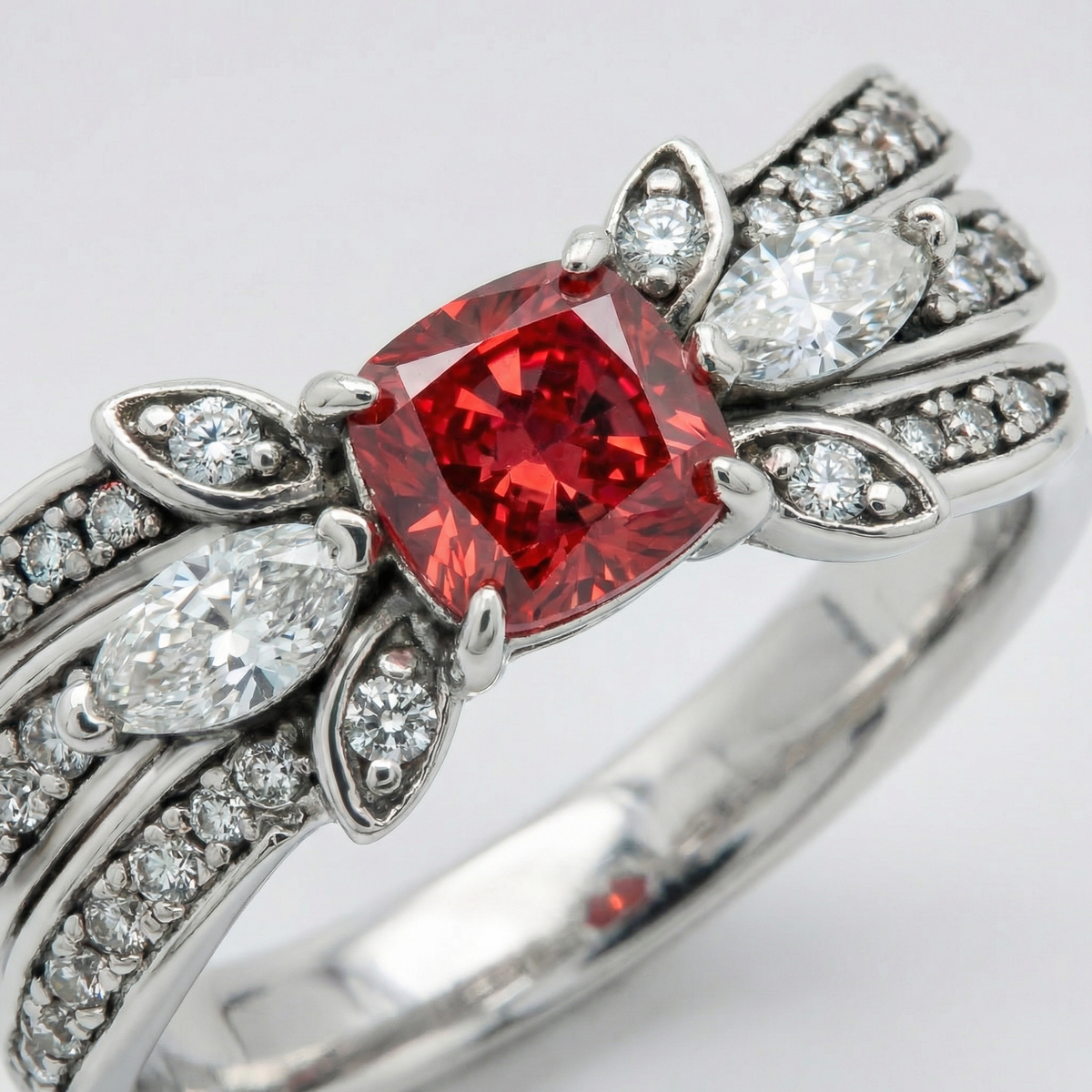 Red Wings Ring with Red Cushion Stone – on White Gold