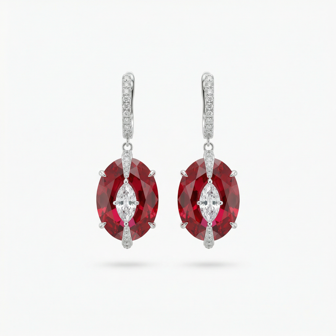 Embrace Queens Earrings with Red Oval Stone – on White Gold