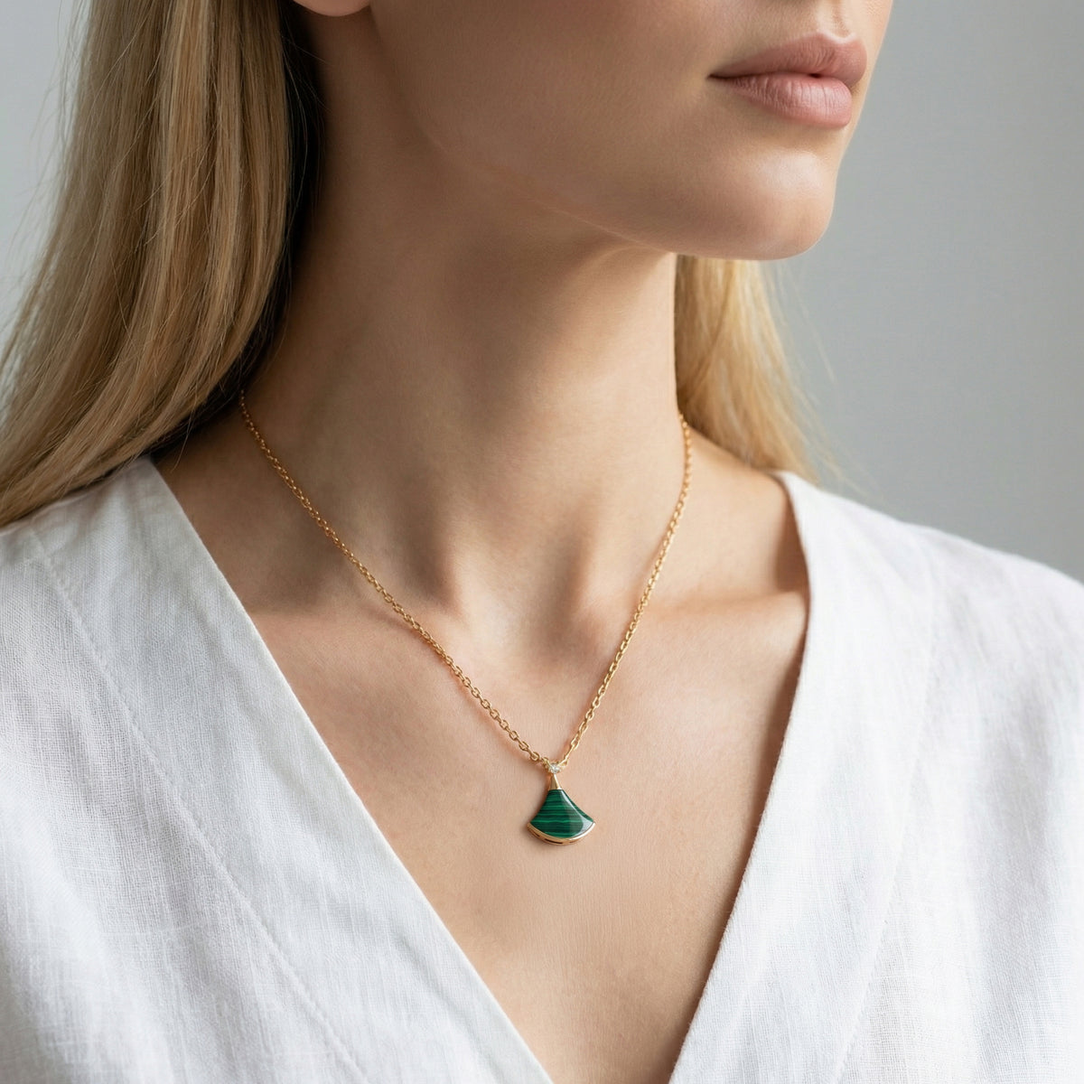 Yellow Gold Charm Necklace with Cabochon Cut Malachite Pendant